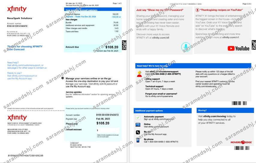 USA XFINITY business utility bill Word and PDF template, version 2